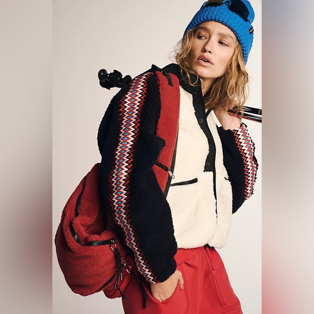 Free People Hit The Slopes Fleece Jacket Print Running Stitch Varsity Large